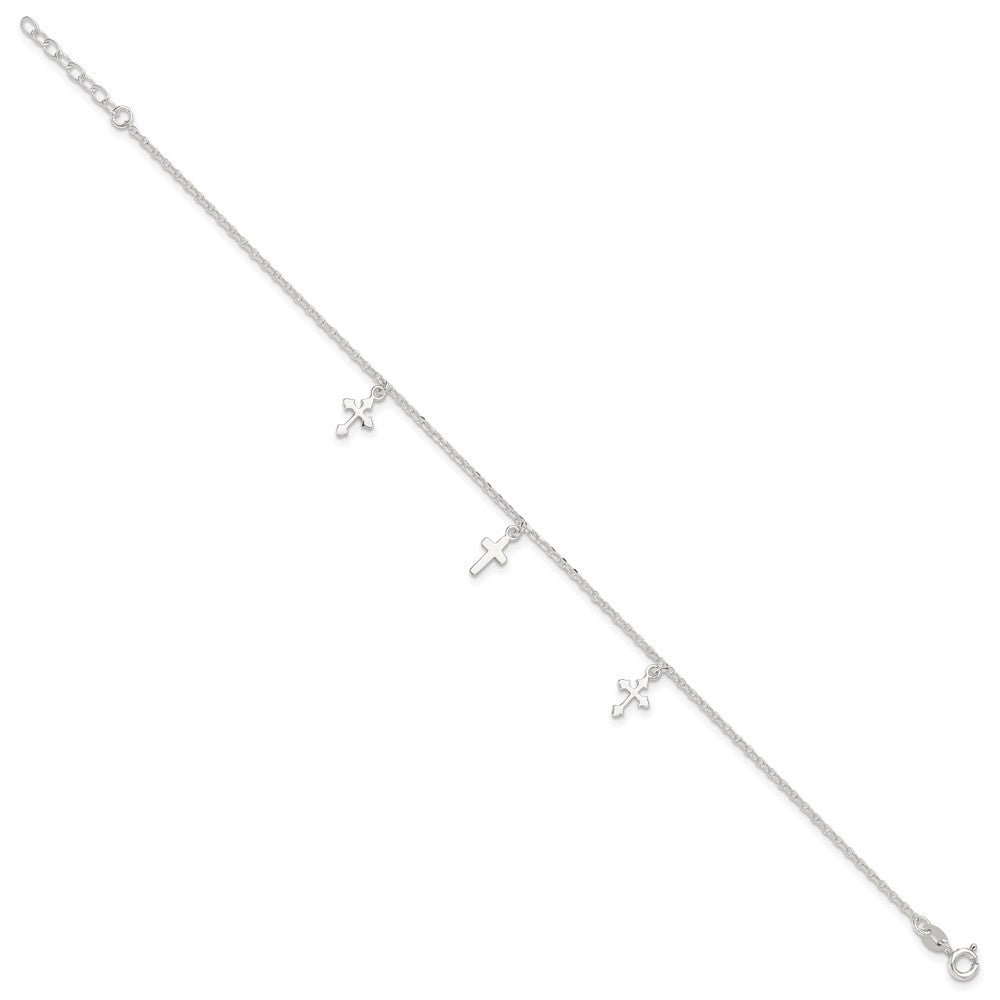 Sterling Silver Polished Cross Dangle 9In Plus 1In Ext Anklet