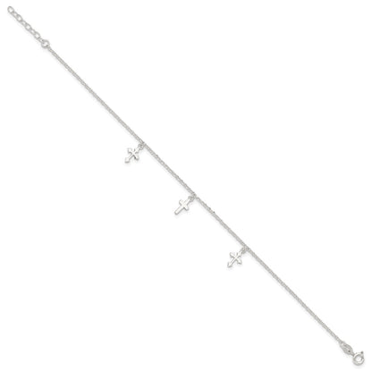 Sterling Silver Polished Cross Dangle 9In Plus 1In Ext Anklet