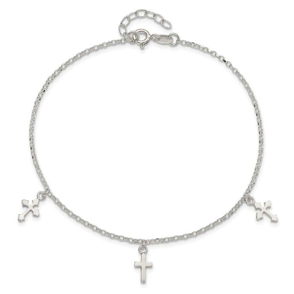 Sterling Silver Polished Cross Dangle 9In Plus 1In Ext Anklet