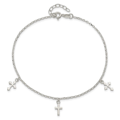 Sterling Silver Polished Cross Dangle 9In Plus 1In Ext Anklet