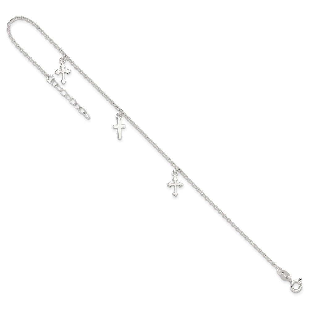 Sterling Silver Polished Cross Dangle 9In Plus 1In Ext Anklet