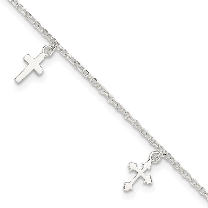 Sterling Silver Polished Cross Dangle 9In Plus 1In Ext Anklet