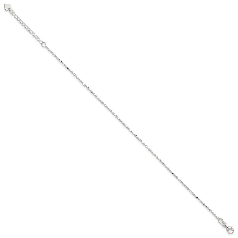 Sterling Silver Twisted Serpentine Heart 9 Inch Plus 1.5 Ext. Anklet
