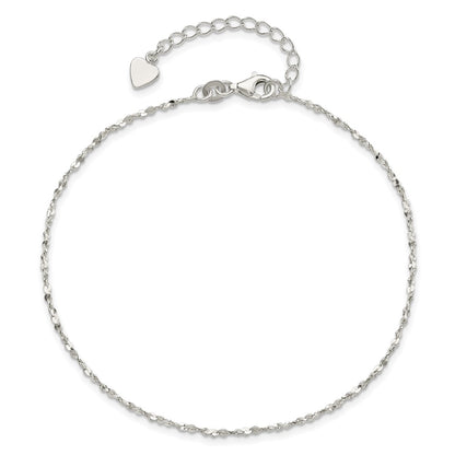 Sterling Silver Twisted Serpentine Heart 9 Inch Plus 1.5 Ext. Anklet