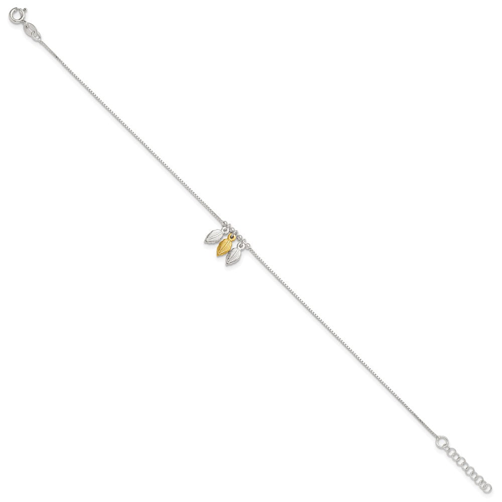 Sterling Silver Gold-Tone Polished Feather 9In W/1In Ext Anklet