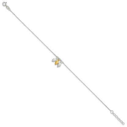 Sterling Silver Gold-Tone Polished Feather 9In W/1In Ext Anklet