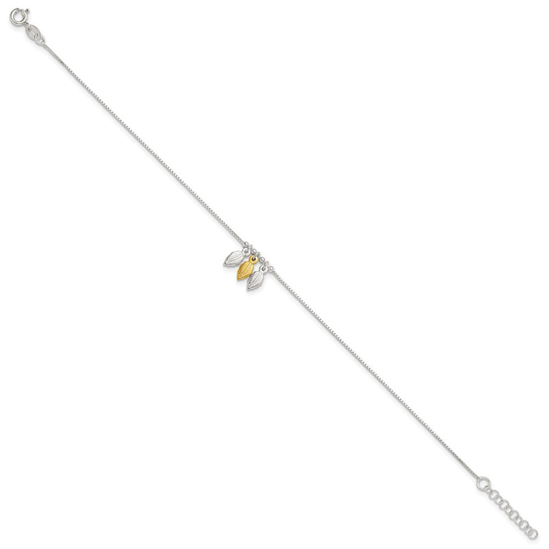 Sterling Silver Gold-Tone Polished Feather 9In W/1In Ext Anklet
