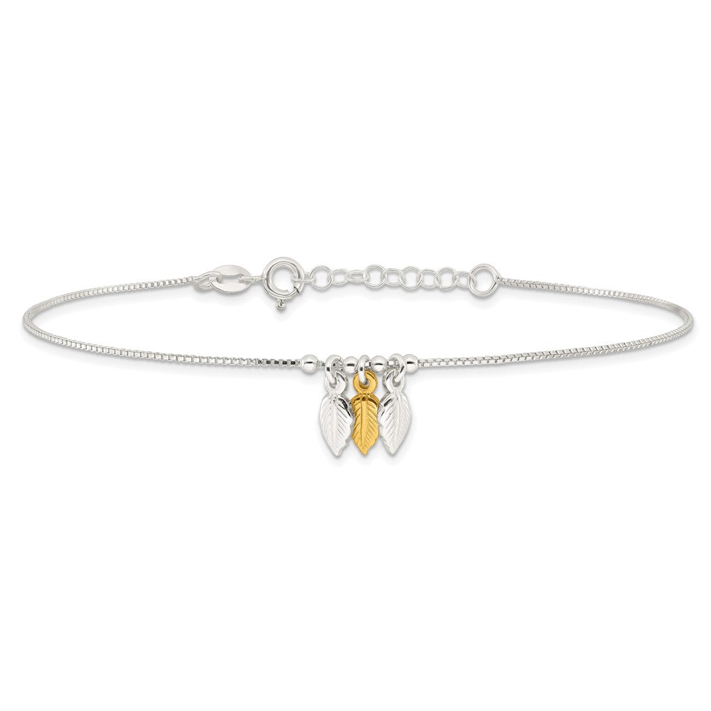 Sterling Silver Gold-Tone Polished Feather 9In W/1In Ext Anklet