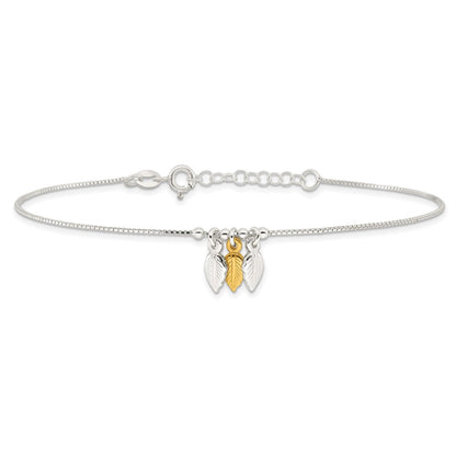 Sterling Silver Gold-Tone Polished Feather 9In W/1In Ext Anklet