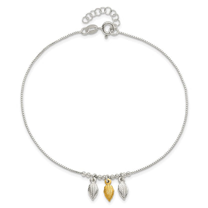 Sterling Silver Gold-Tone Polished Feather 9In W/1In Ext Anklet