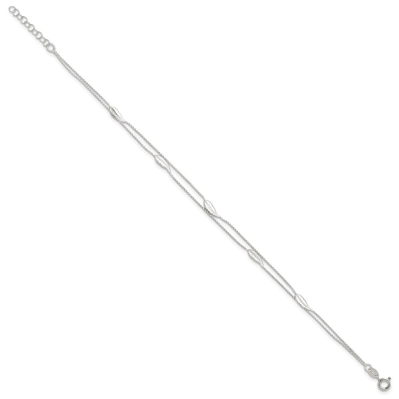 Sterling Silver Polished 2-Strand Feather 9In Plus 1In Ext Anklet