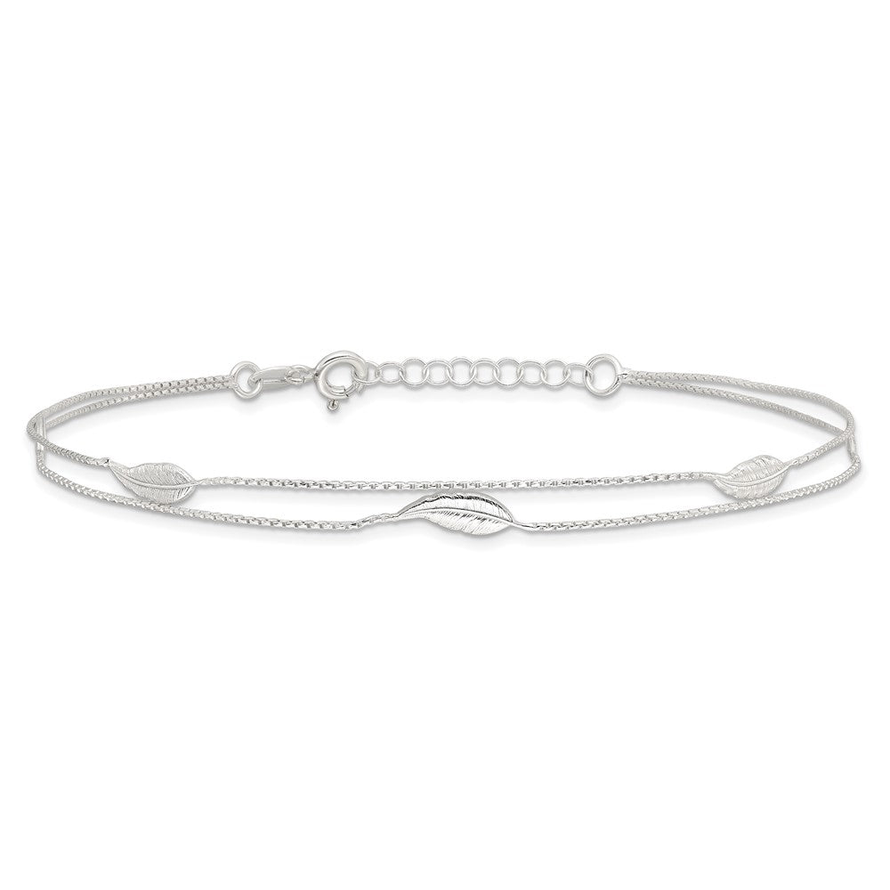 Sterling Silver Polished 2-Strand Feather 9In Plus 1In Ext Anklet