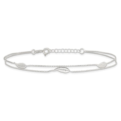 Sterling Silver Polished 2-Strand Feather 9In Plus 1In Ext Anklet