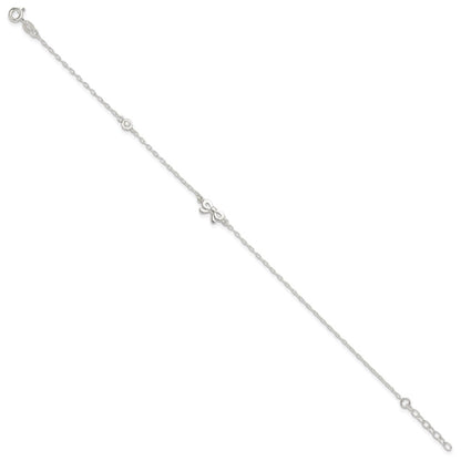 Sterling Silver Polished Cz Bow 9In Plus 1In Ext. Anklet