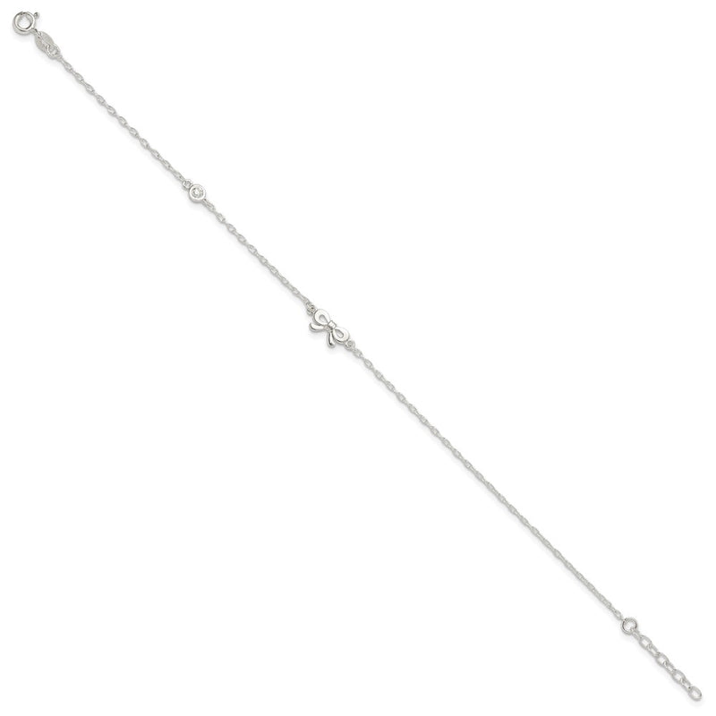 Sterling Silver Polished Cz Bow 9In Plus 1In Ext. Anklet