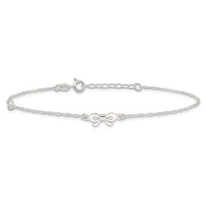 Sterling Silver Polished Cz Bow 9In Plus 1In Ext. Anklet