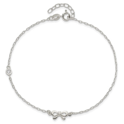 Sterling Silver Polished Cz Bow 9In Plus 1In Ext. Anklet