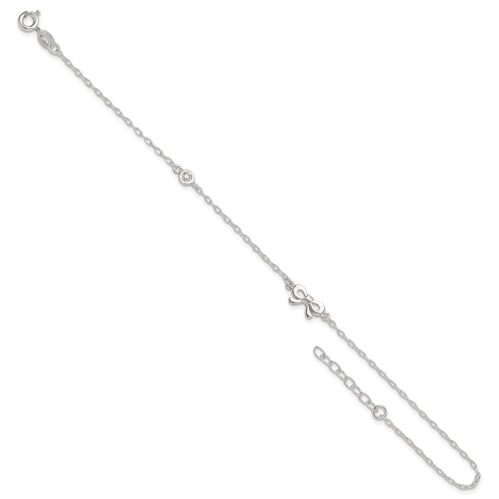 Sterling Silver Polished Cz Bow 9In Plus 1In Ext. Anklet