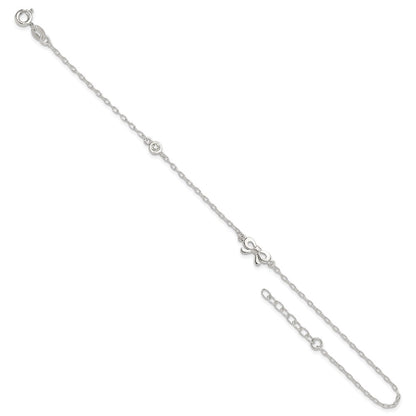 Sterling Silver Polished Cz Bow 9In Plus 1In Ext. Anklet