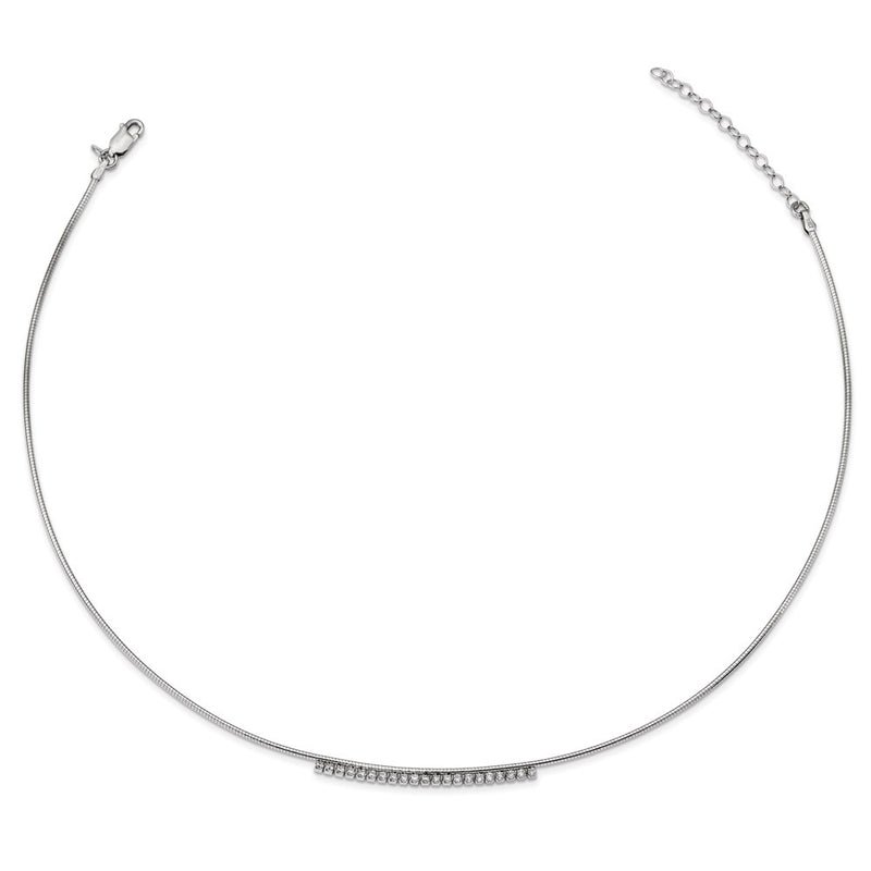Sterling Silver Rhodium-Plated Cz W/2In Ext Round Omega Necklace