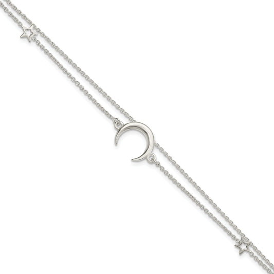7.5 Inch Sterling Silver Polished Moon And Stars 2-Strand 7.5In Bracelet