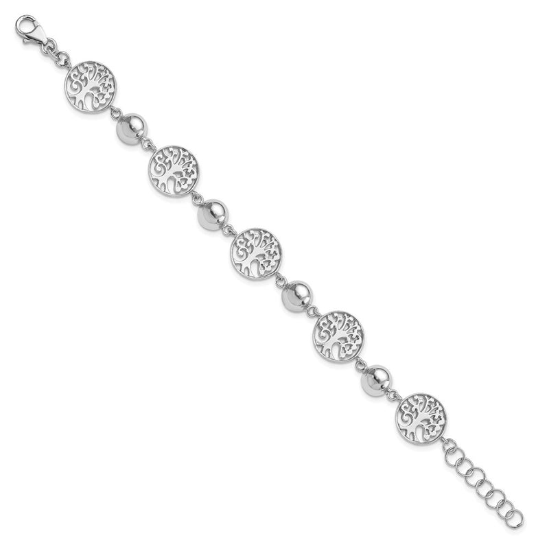 7 Inch Sterling Silver Rhod-Plated Round Tree And Circle W/1In Ext. Bracelet