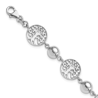 7 Inch Sterling Silver Rhod-Plated Round Tree And Circle W/1In Ext. Bracelet