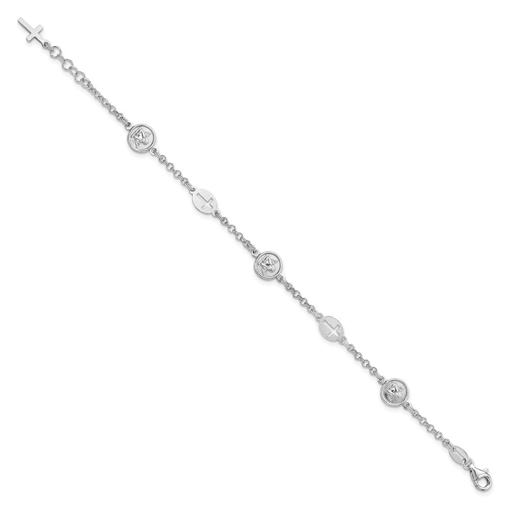 7.5 Inch Sterling Silver Rhodium Plated Cross And Angel Bracelet