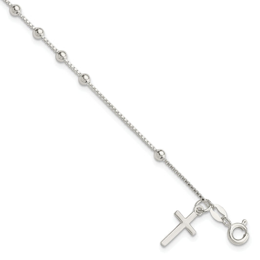 7.25 Inch Sterling Silver Polished Beaded Cross 7.25In Bracelet