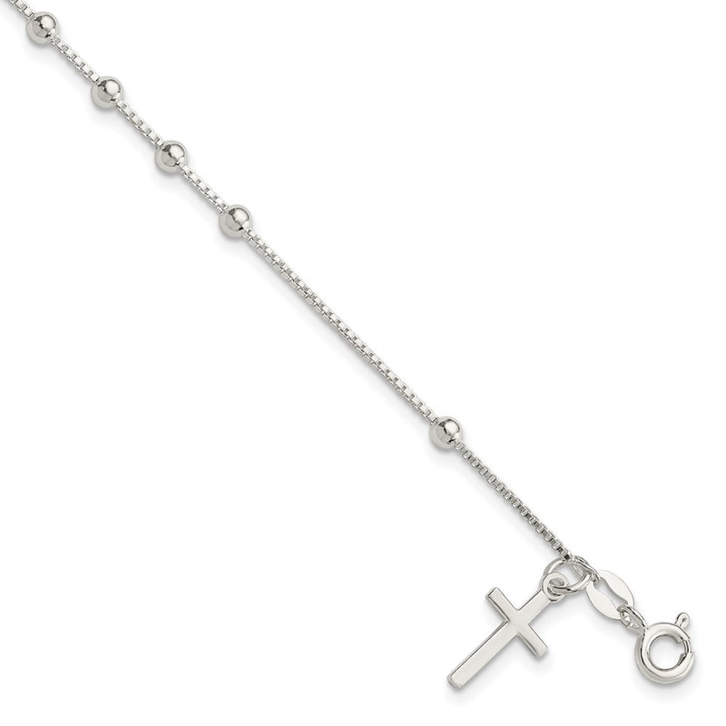 7.25 Inch Sterling Silver Polished Beaded Cross 7.25In Bracelet