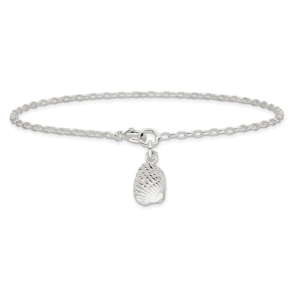 Sterling Silver 10Inch Solid Polished 3-D Shell Anklet