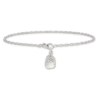 Sterling Silver 10Inch Solid Polished 3-D Shell Anklet