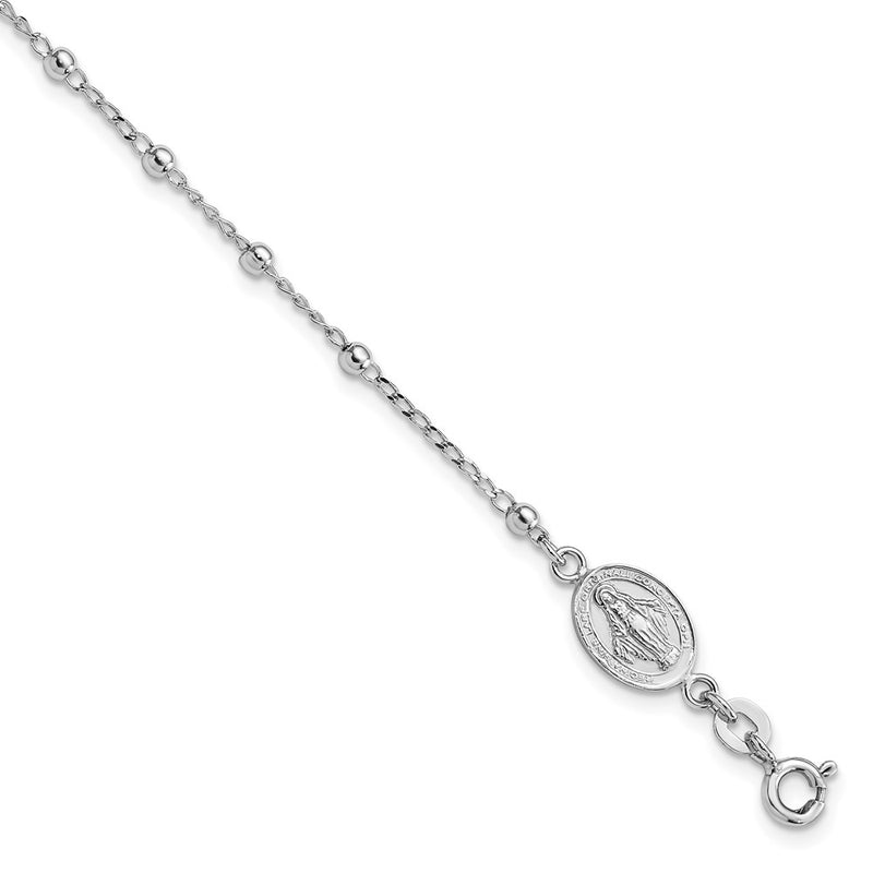 7 Inch Sterling Silver Rhod-Pltd Miraculous Medal/Cross W/1In Ext. Bracelet