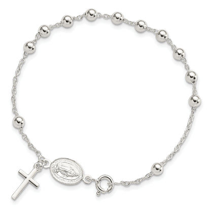 Sterling Silver Beaded Polished Rosary 7.5 Inch Bracelet