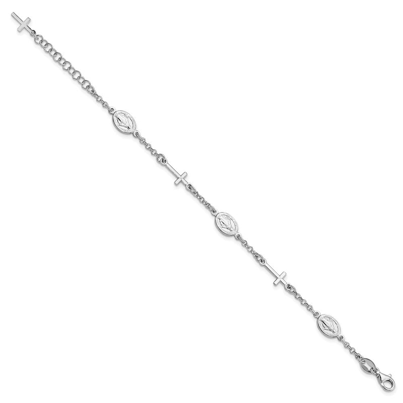 7.5 Inch Sterling Silver Rh-Plate Cross Miraculous Medal 6In W/1In Ext Bracelet