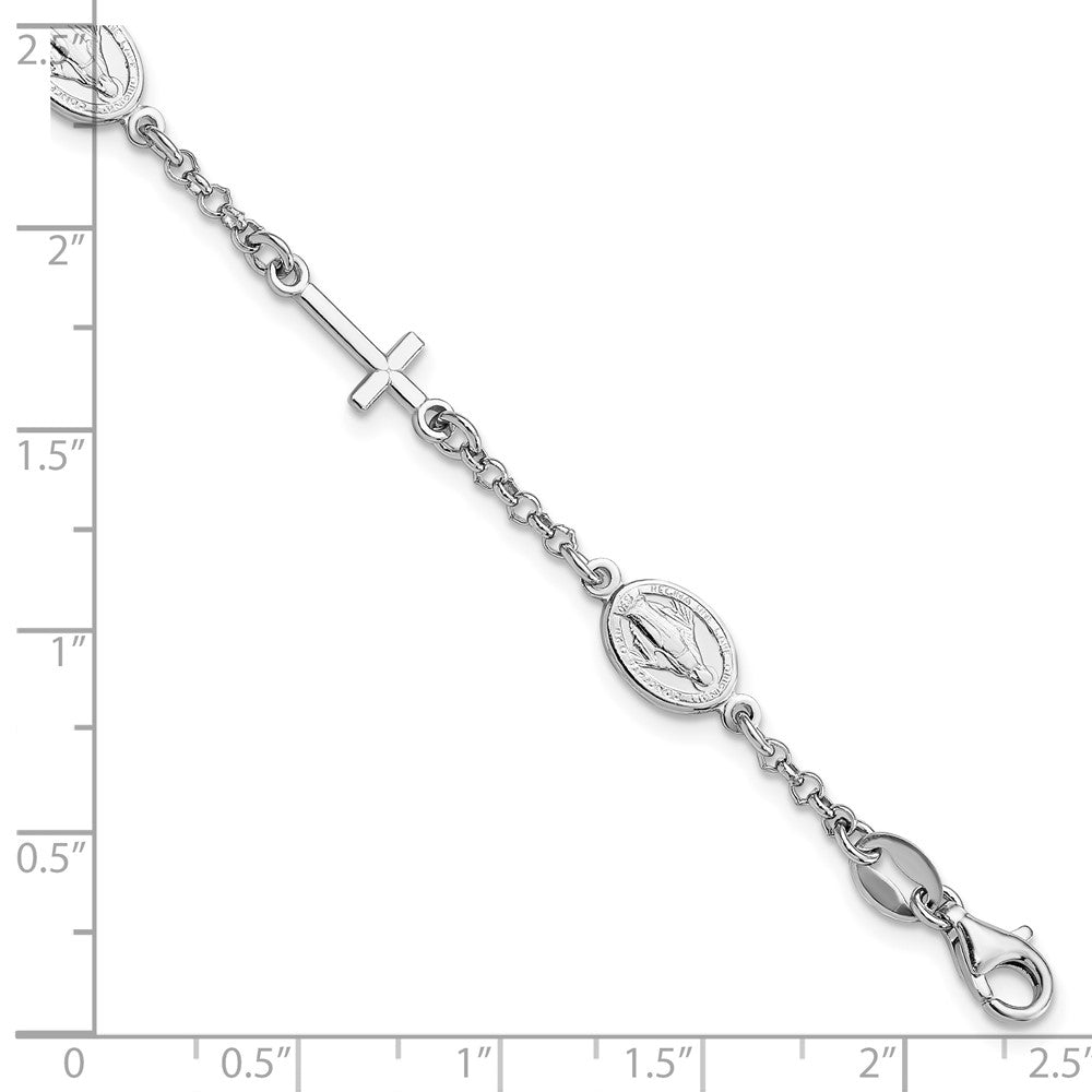 7.5 Inch Sterling Silver Rh-Plate Cross Miraculous Medal 6In W/1In Ext Bracelet