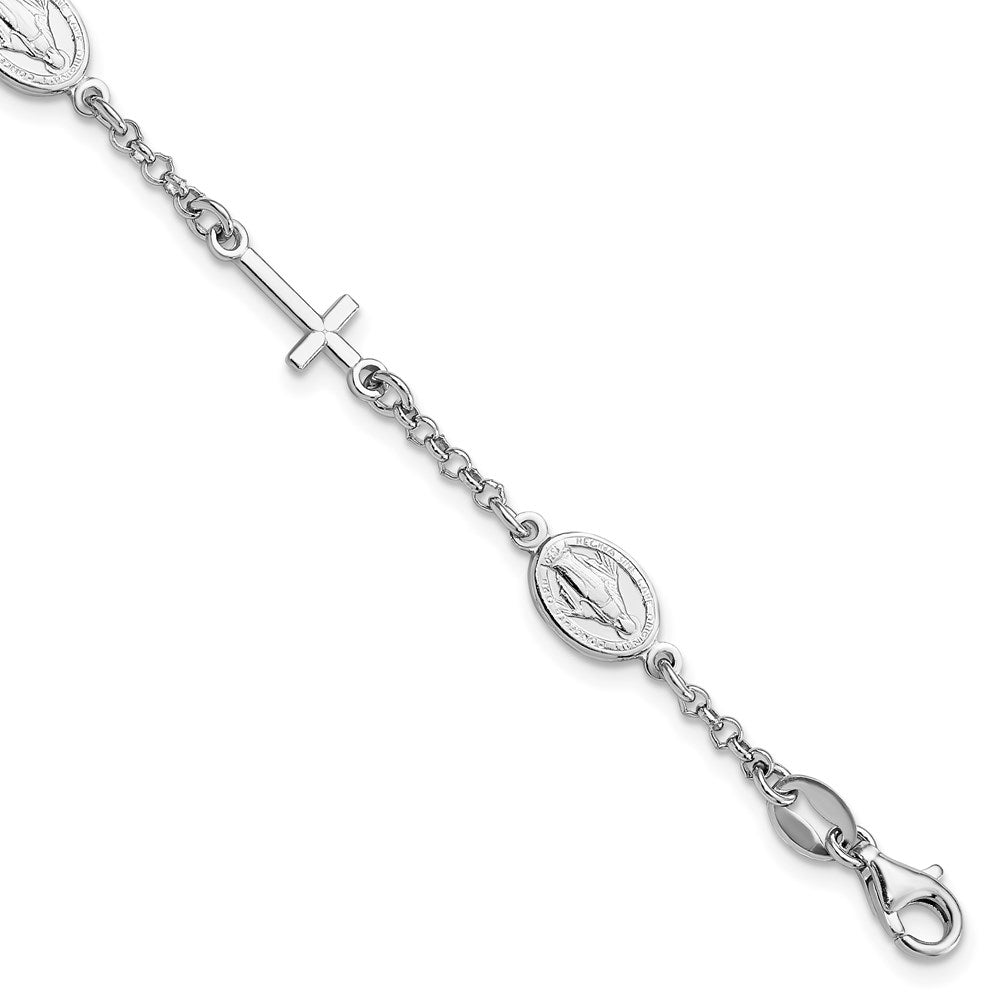 7.5 Inch Sterling Silver Rh-Plate Cross Miraculous Medal 6In W/1In Ext Bracelet