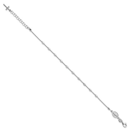 7 Inch Sterling Silver Rhodium Plated Polished Beaded Cross Bracelet