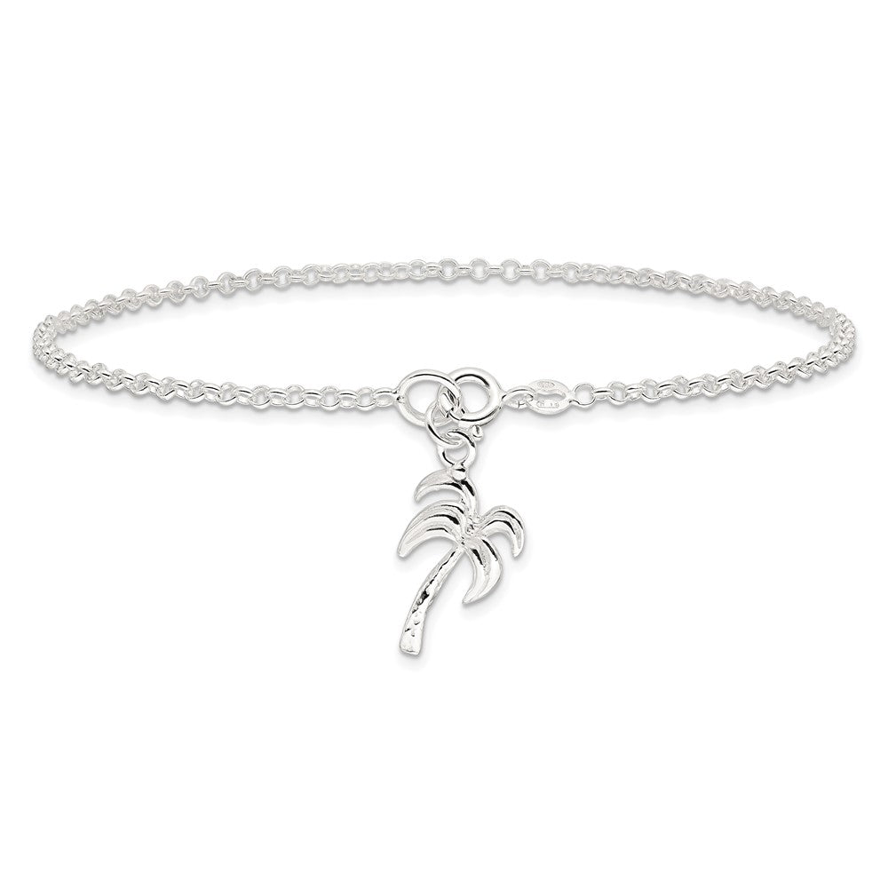 Sterling Silver 10Inch Solid Polished Palm Tree Anklet