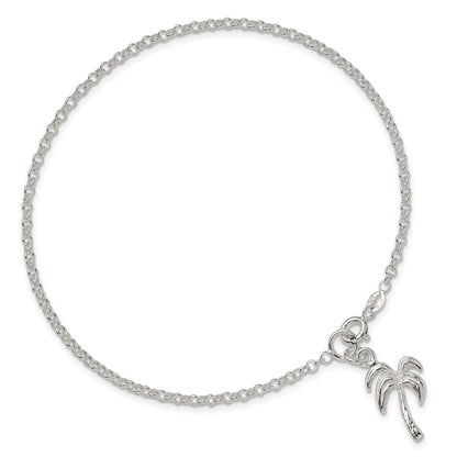 Sterling Silver 10Inch Solid Polished Palm Tree Anklet