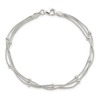Sterling Silver Polished 3-Strand Beaded 7.5 Inch Bracelet