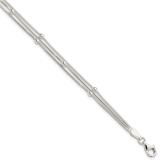 Sterling Silver Polished 3-Strand Beaded 7.5 Inch Bracelet