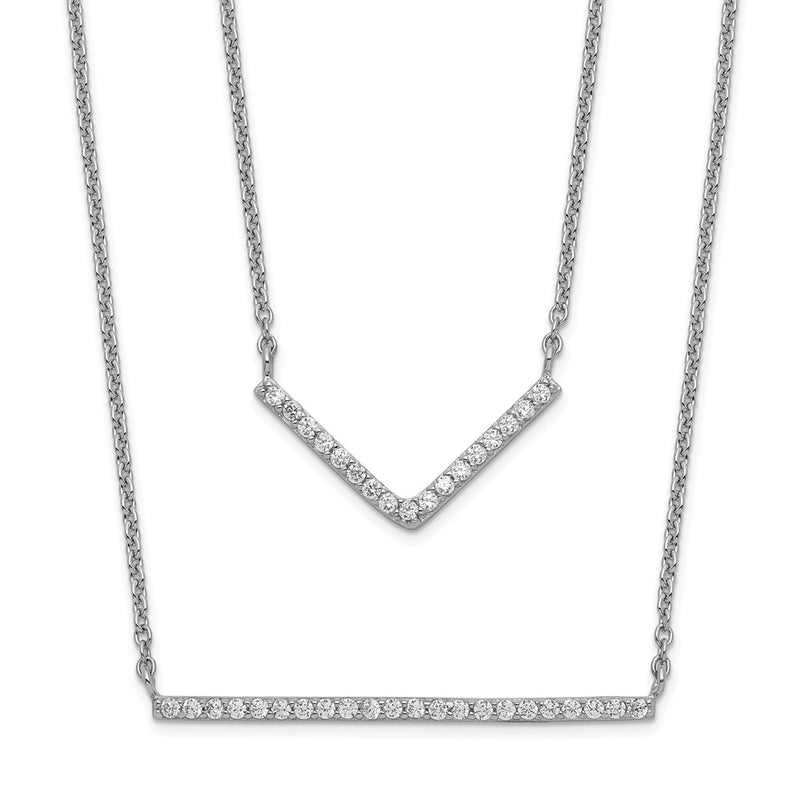 Sterling Silver Rhodium-Plated Cz Double Bar Multi-Strand Necklace