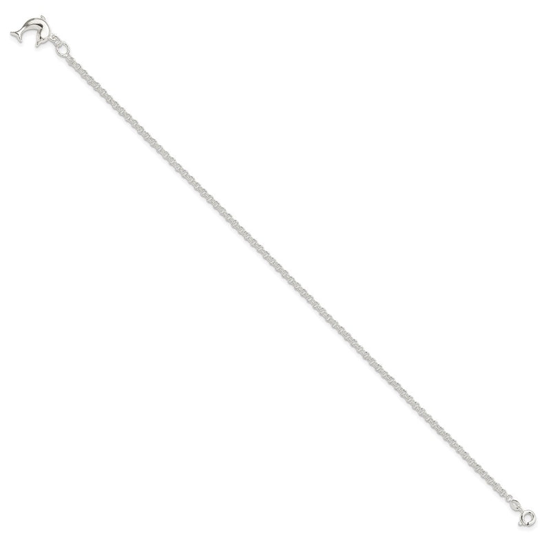 Sterling Silver 10Inch Hollow Polished 3-D Dolphin Anklet