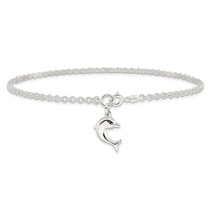 Sterling Silver 9Inch Hollow Polished 3-D Dolphin Anklet