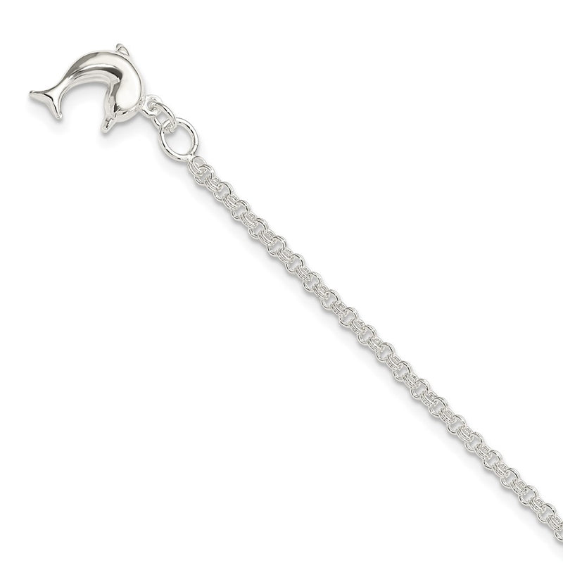Sterling Silver 10Inch Hollow Polished 3-D Dolphin Anklet