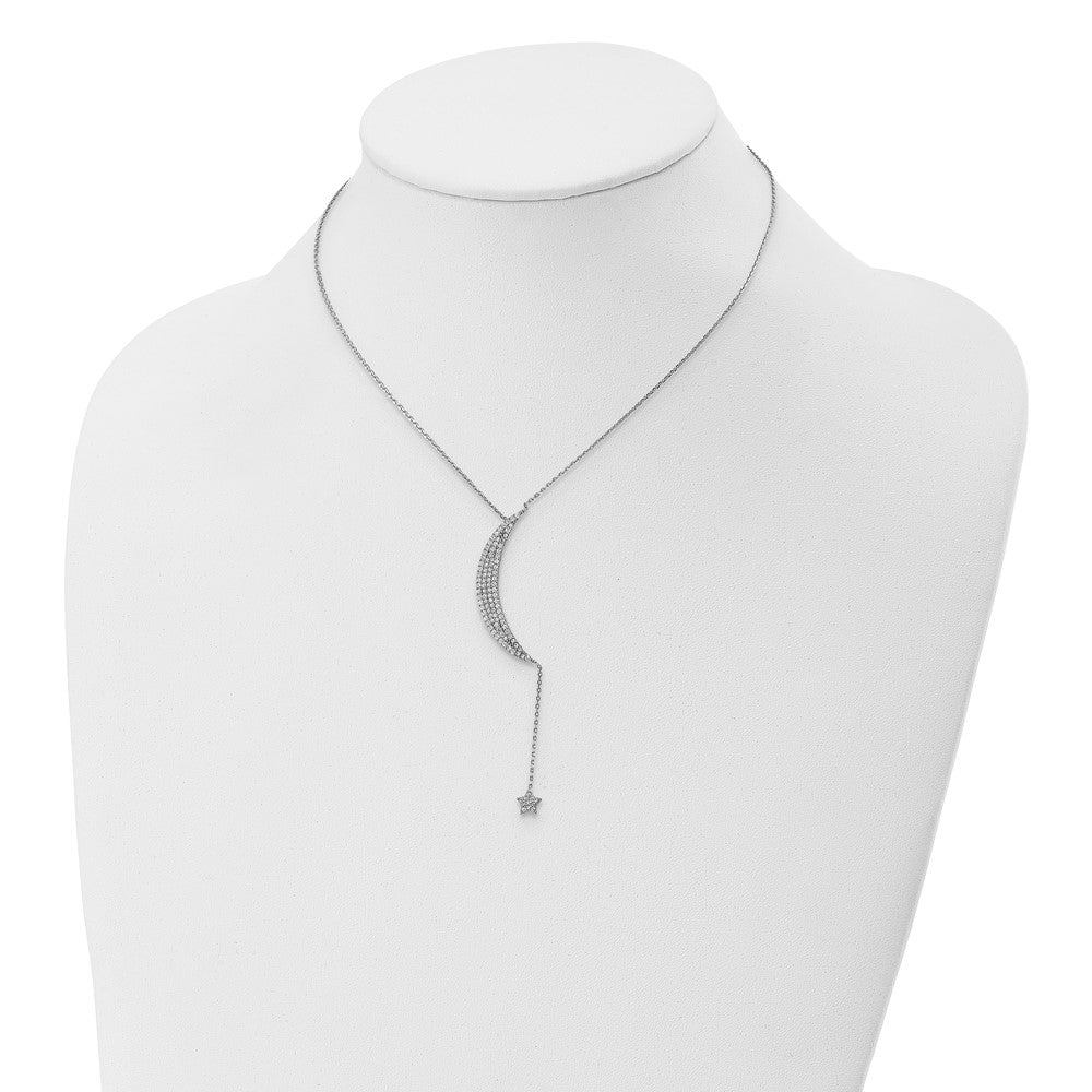 Sterling Silver Rhod-Plated Cz Moon And Star W/2In Ext. Necklace