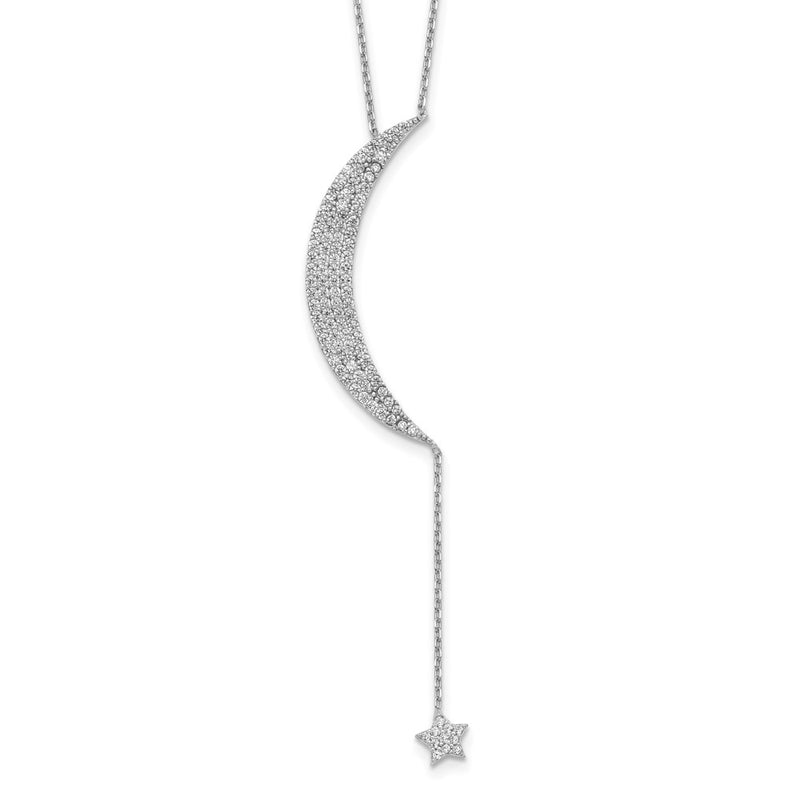 Sterling Silver Rhod-Plated Cz Moon And Star W/2In Ext. Necklace