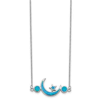 Sterling Silver Rhod-Plated Created Opal Moon And Star Necklace