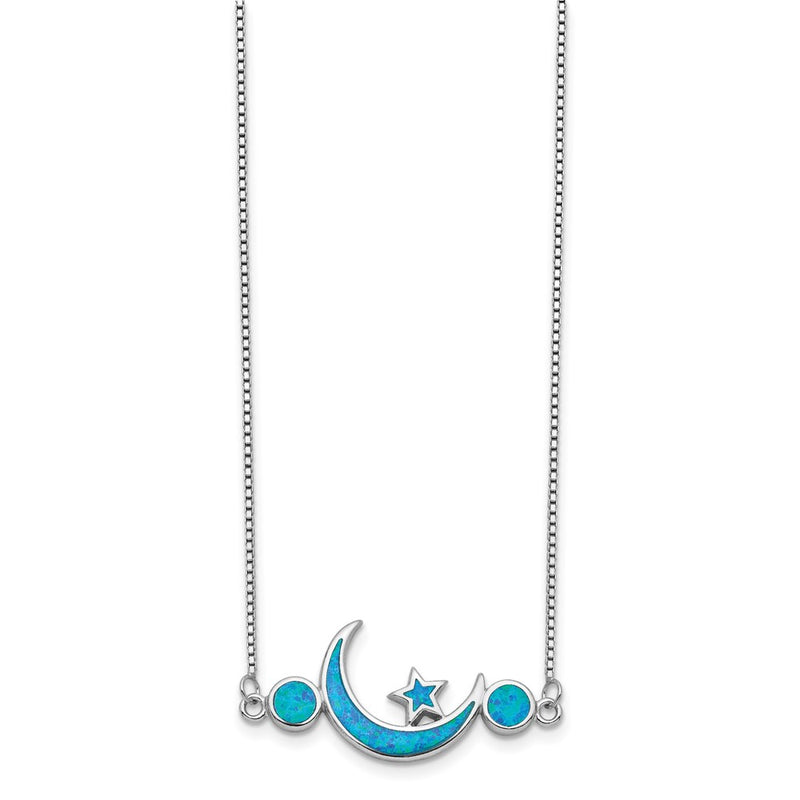 Sterling Silver Rhod-Plated Created Opal Moon And Star Necklace